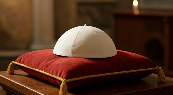 A zucchetto resting atop a red velvet cushion with golden tassel details