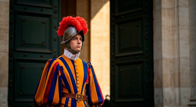 A swiss guard stands in uniform in front of a large dark green doorway