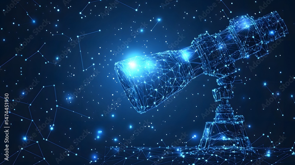 Aufkleber futuristic telescope amidst glowing constellations. digital wireframe design evokes space exploratio