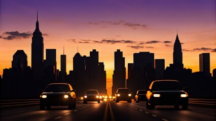 Fototapeta premium Silhouetted city skyline at sunset with cars driving on a highway, featuring iconic skyscrapers against a colorful sky.