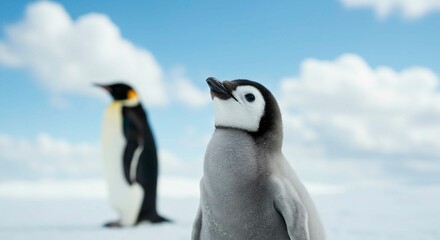 Naklejka premium A young penguin looking up with an adult penguin in the background sky view