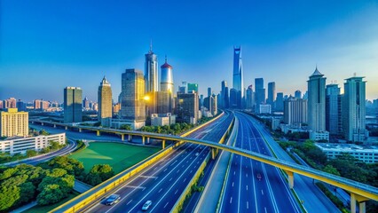 Naklejka premium Aerial View City Highway Leading to Downtown Core - Drone Photography