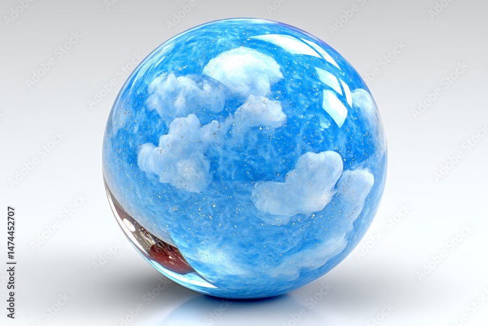 Poster colorful glass sphere reflecting blue sky with fluffy clouds and sparkles creating a dreamy atmosphe