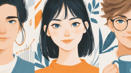 Diverse young adults portraits with artistic style and modern illustration.