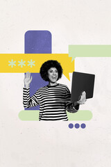Pop art zine photo collage of happy girl guy speak bubble laptop type message laptop communication...