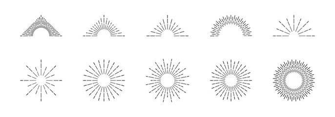 Sunburst lines vector collection. Radial light beams illustration set.