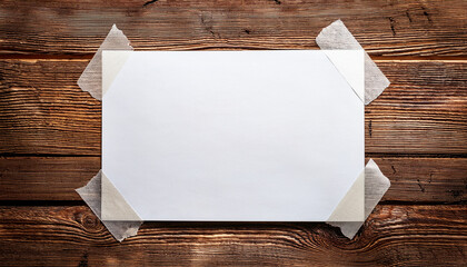 blank white paper on rustic wooden background with adhesive tape