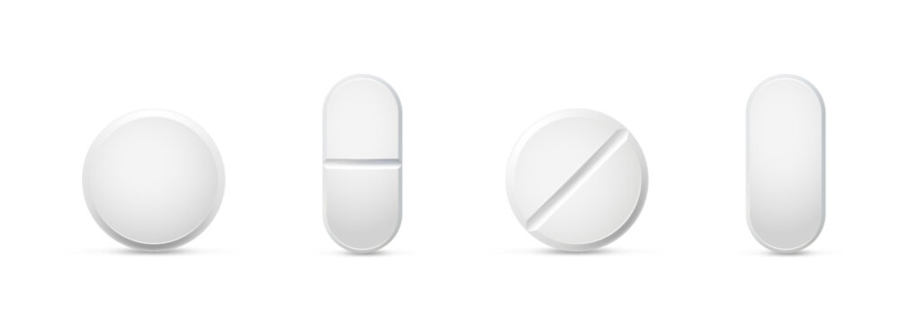Medical pills vector realistic illustration set. White blank pharmaceutical tablet designs