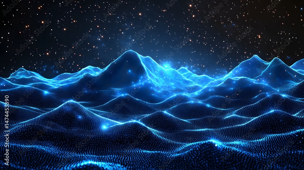 Poster futuristic landscape featuring glowing blue mountains made of digital particles under a starlit nigh