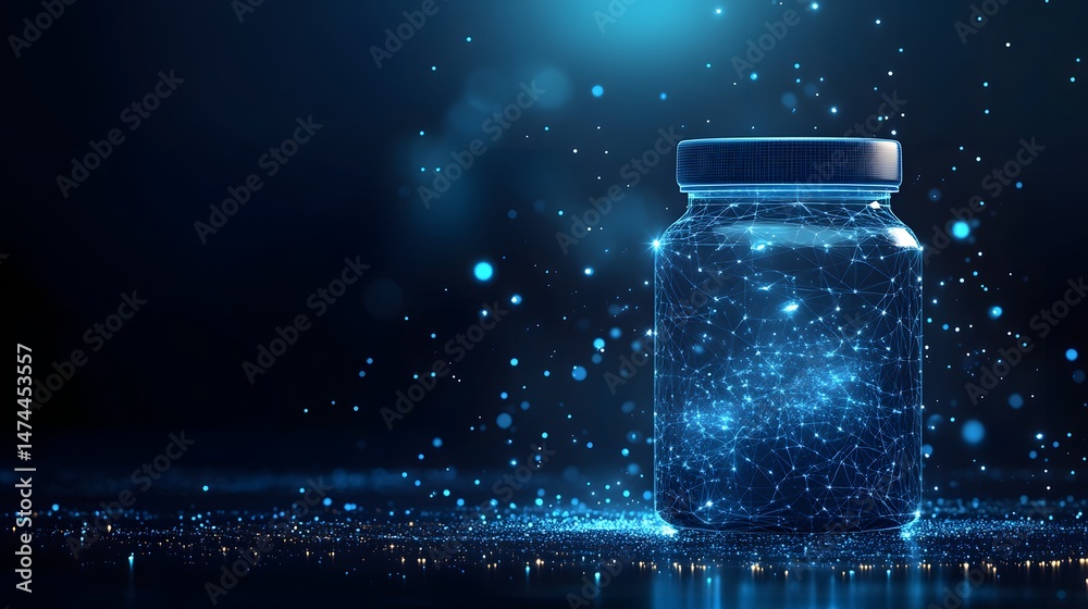 Poster Futuristic glass jar containing digital energy, depicted with neon aesthetics. Abstract wireframe in dark blue showcases advanced tech, perfect for science concepts. High-tech and visually engaging.