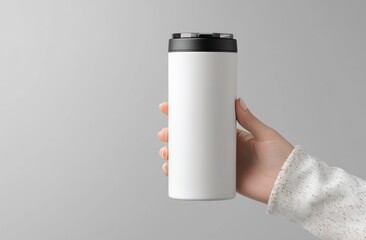 Close-up of male hand holding steel eco reusable thermo bottle for water, bokeh office background