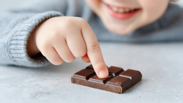 Close-up of a child&rsquo;s index finger dipping into rich chocolate. A child who loves sweets and chocolate. The benefits and drawbacks of eating chocolate.
