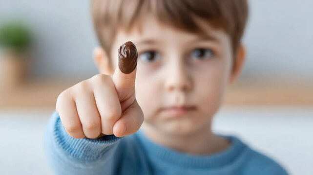 Close-up of a child&rsquo;s index finger dipping into rich chocolate. A child who loves sweets and chocolate. The benefits and drawbacks of eating chocolate.