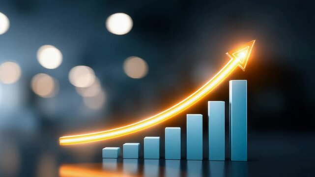 A chart with an upward arrow representing stable and continuous business growth. Profit or returns from investment or compound interest. Company financial statements.