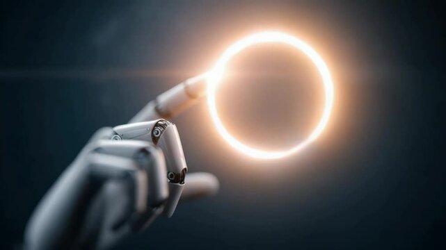 A finger pressing a glowing button symbolizes the initiation or advancement of AI technology, robotics, high-level and massive processing, and large-scale data storage systems.