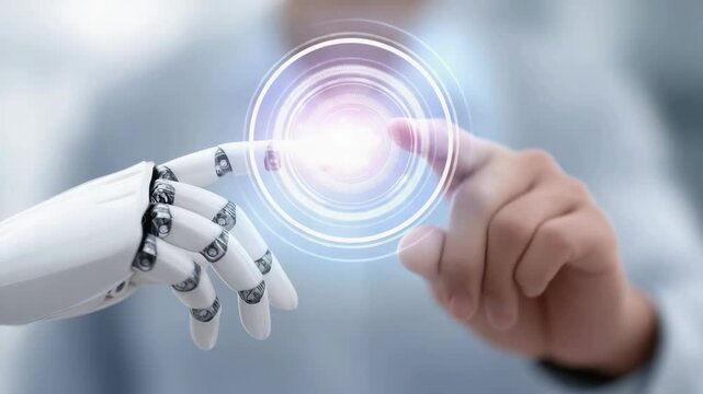 A finger pressing a glowing button symbolizes the initiation or advancement of AI technology, robotics, high-level and massive processing, and large-scale data storage systems.