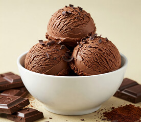 Close-up of a white bowl filled with three scoops of chocolate creamy ice cream, garnished with a chocolate.