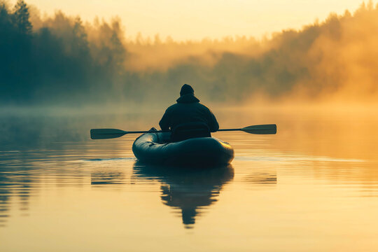 Fisherman rowing across a lake in a rubber dinghy as he trolls for fish