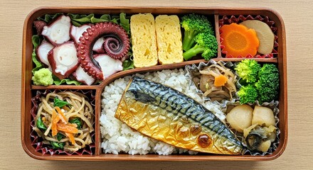 Flat lay of a traditional Japanese bento box with octopus salad, grilled mackerel, and blanched vegetables