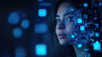 A woman's face overlaid with digital circuitry, suggesting advanced technology and the merging of human and machine