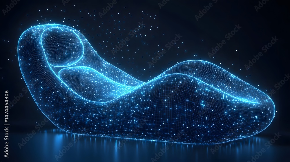 Poster futuristic lounge chair glows with vibrant blue light. 3d wireframe design creates a high-tech feel.