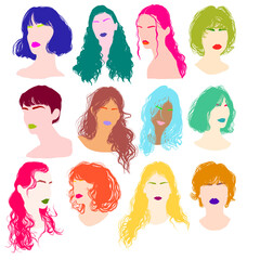 Set of 22 multicolor vector fashion illustration. Flat design style hairstyle drawings. Wavy and curly hair and colorful eyebrows and lips. Beautiful women