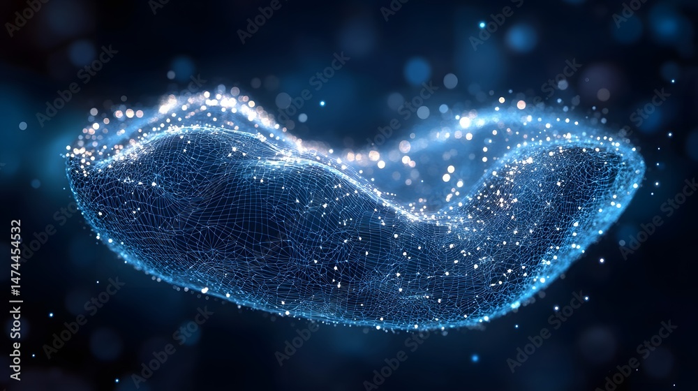 Poster Futuristic blue wireframe torus floats against a bokeh-lit dark blue background. Glowing nodes highlight the intricate mesh. Data visualization concept, abstract wireframe in dark blue.