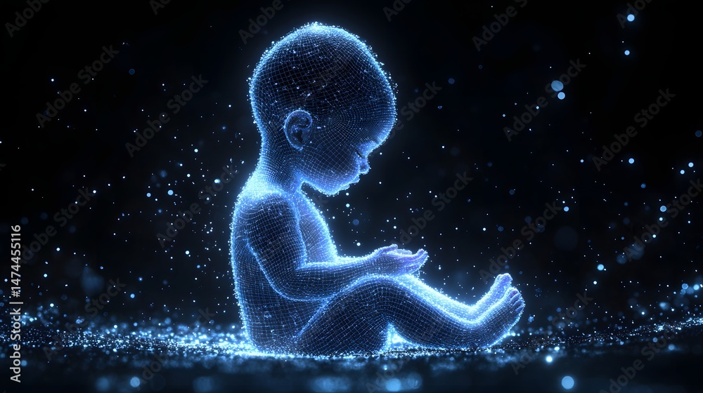 Poster futuristic depiction of new life: a glowing, abstract wireframe baby seated amidst digital particles