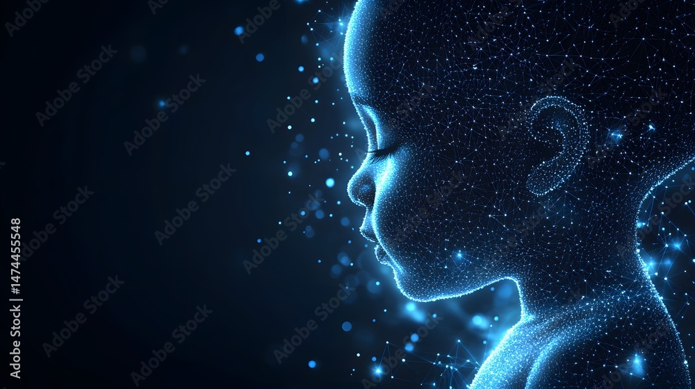 Poster futuristic representation of a child's digital identity. glowing blue wireframe figure against a dar