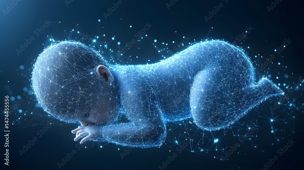 Poster abstract wireframe baby in fetal position against a dark blue background. the digital design feature