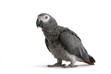 Fototapeta premium A grey parrot stands on a white background.