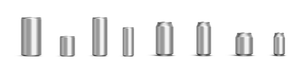 Aluminum beverage can bottle vector realistic set. Realistic aluminum drink cans