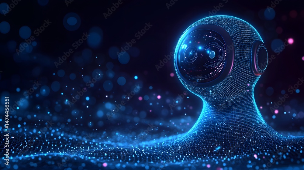 Poster Futuristic avatar showcasing advanced technology. The blue grid design and internal components create a modern, digital feel. Perfect for tech or future concepts. Abstract wireframe in dark blue.