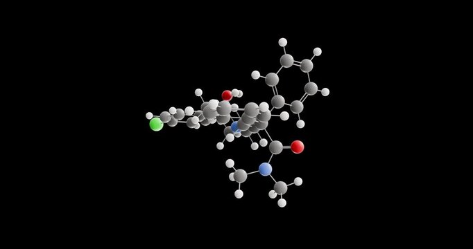 Loperamide molecule, rotating 3D model of antidiarrhea agents, looped video on a black background