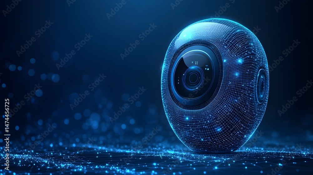 Poster Futuristic technology concept featuring a glowing blue wireframe sphere with a central lens. Digital innovation and interconnectedness visualized. Abstract wireframe in dark blue.