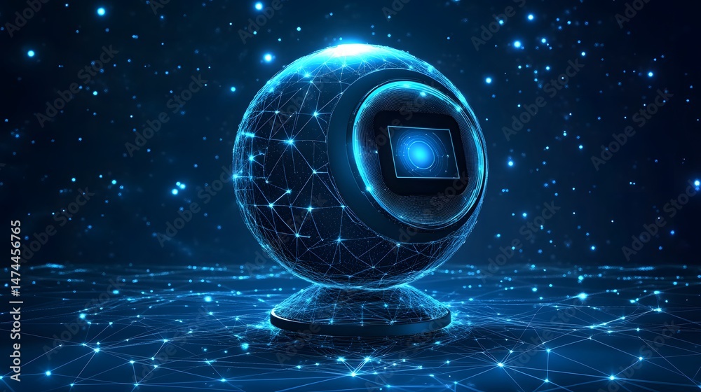Poster Futuristic sphere with a glowing blue mesh. A digital creation with interconnected lines and dots on a dark blue star-filled background. Abstract wireframe in dark blue.