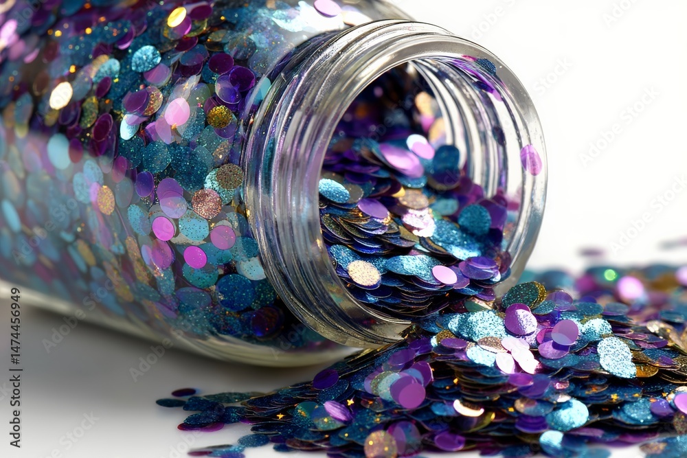 Poster Sparkling confetti spills from a glass jar creating a colorful display on a white surface