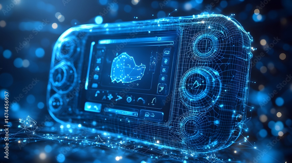 Aufkleber Futuristic handheld device with a glowing blue wireframe design displaying a digital map and icons. A high-tech interface rests on a glowing circuit board backdrop. Abstract wireframe in dark blue
