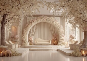 Elegant wedding ceremony venue with a circular floral archway, cream-colored seating, and soft lighting. Lush, light trees and delicate floral arrangements create a serene atmosphere