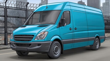 Teal commercial van modern delivery truck on a city road