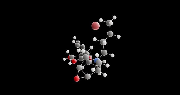 Hyoscine butylbromide molecule, rotating 3D model of anticholinergic medication, looped video on a black background