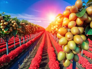 Fototapeta premium Aerial View of Golden Kiwifruit Orchard, Lush Green Vines, Sunny Day