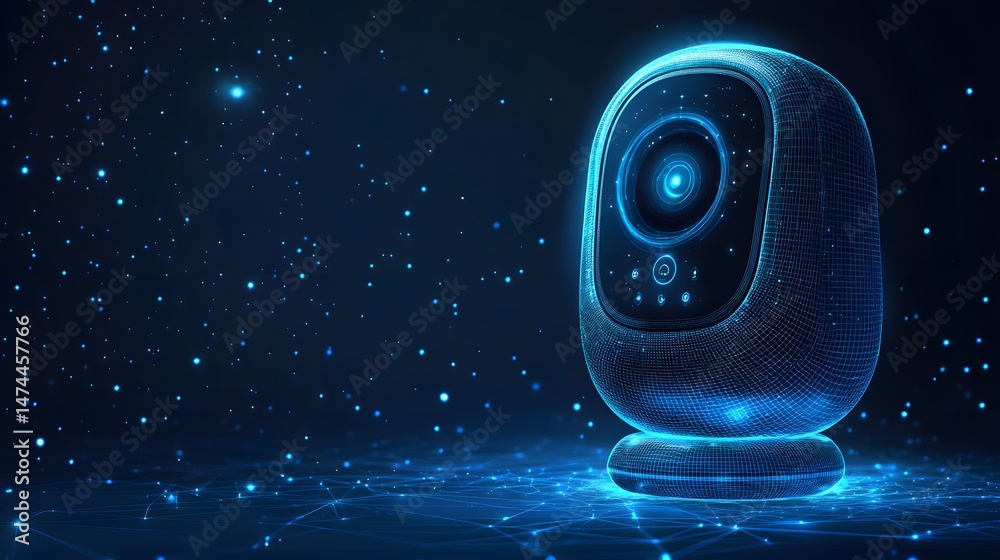Fototapete futuristic tech gadget with a glowing blue grid and circular display. the design evokes a digital, h