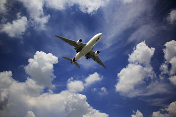 Airplane is flying above the clouds on beautiful sky background,Travel and transportation concept.