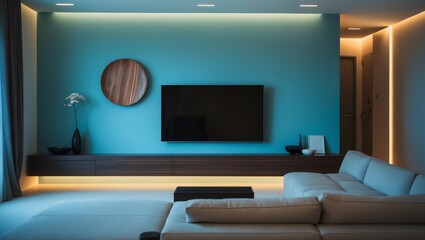 Modern living room interior with a sleek TV on the wall, comfortable sofa, and elegant fireplace