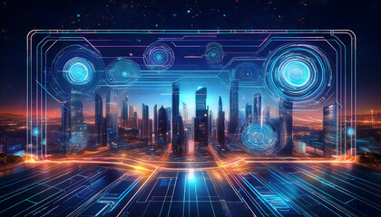 Obraz premium innovative technology concepts with digital interface and night cityscape