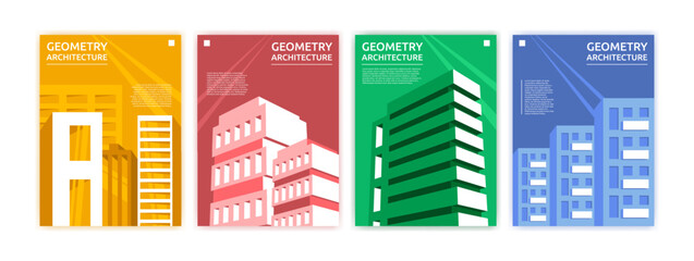Abstract minimal architecture. Building geometry. Business design for city. Banner background. Construction space in geometric template. Urban landscape. Brochure or flyer. Vector garish poster set