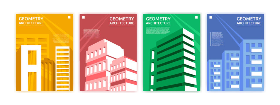 Abstract minimal architecture. Building geometry. Business design for city. Banner background. Construction space in geometric template. Urban landscape. Brochure or flyer. Vector garish poster set