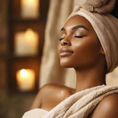 A serene image features a woman with dark skin and closed eyes, wrapped in a beige towel.Her skin has a healthy glow.  Soft, warm lighting illuminates her face, creating a peaceful atmosphere
