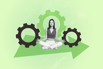 Poster graphics collage of person sit image arrows with gear wheel on green background